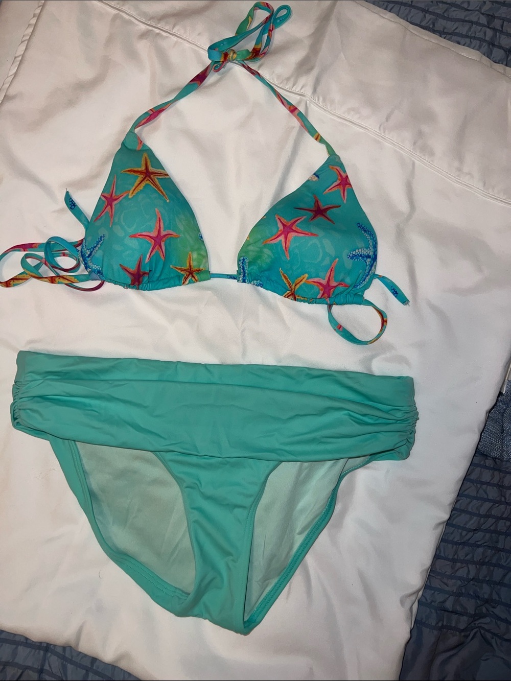 Turquoise Starfish Print Triangle Bikini Top with Solid Turquoise Bottom